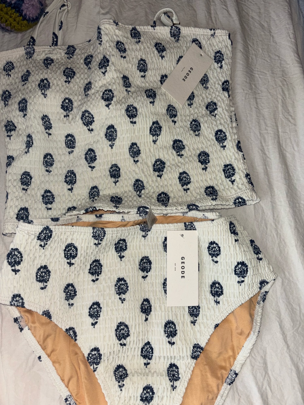 GEODE White Textured High-Waist Bikini with Navy Floral Print - Picture 2 of 9